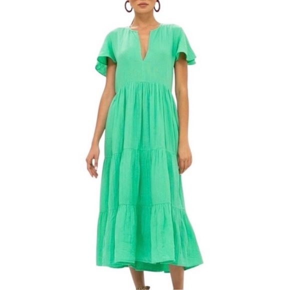 Oliphant Tuckernuck NWT Bahama Green Cotton Gauze V Neck Maxi Dress Sz L